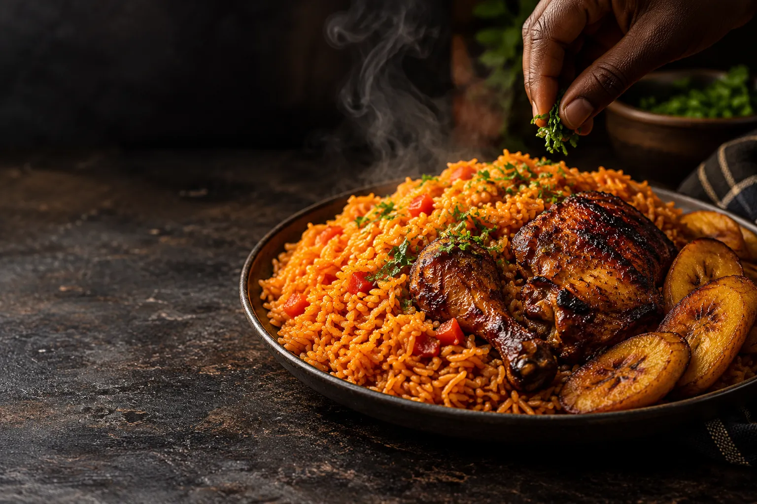 A cook finishing jollof rice, grilled chicken and plantain
