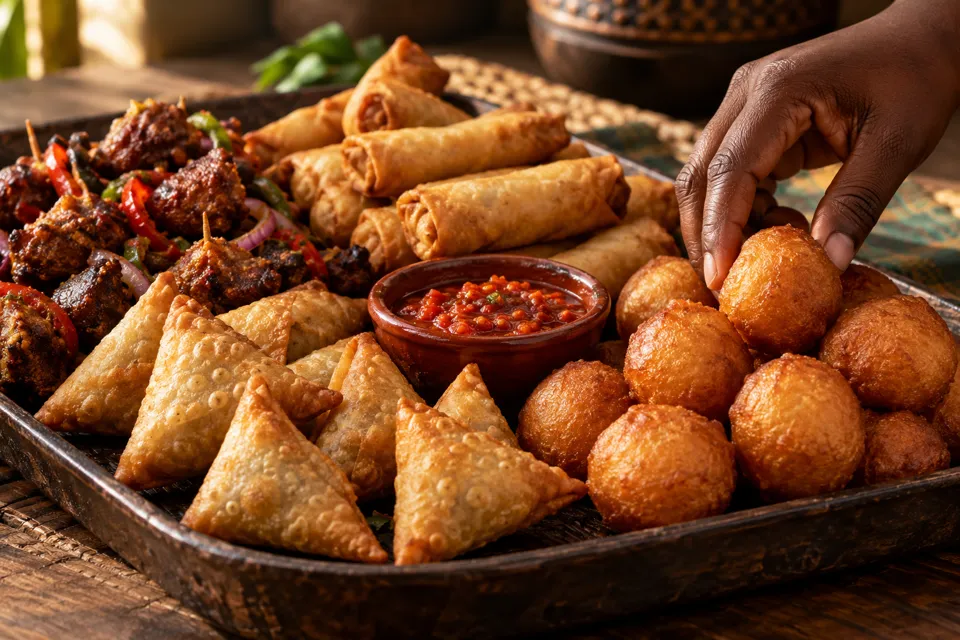 Puff-puff, samosas and spring rolls with pepper dip