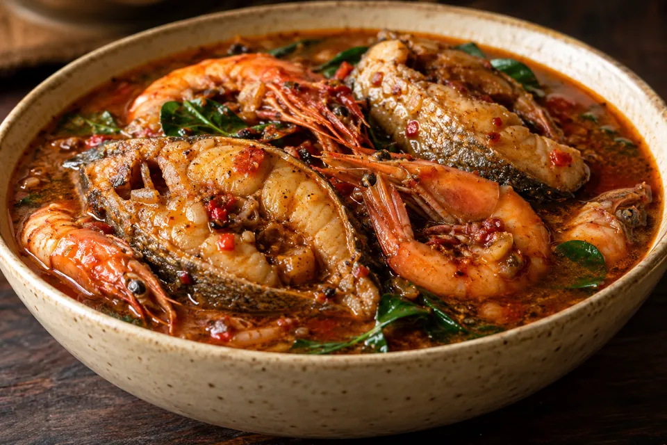 A bowl of fisherman soup with fish, prawns and herbs