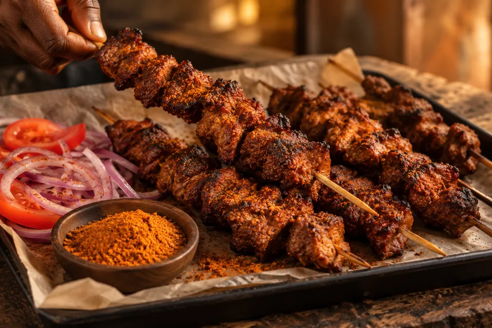 Grilled suya skewers with sliced onions and yaji spice